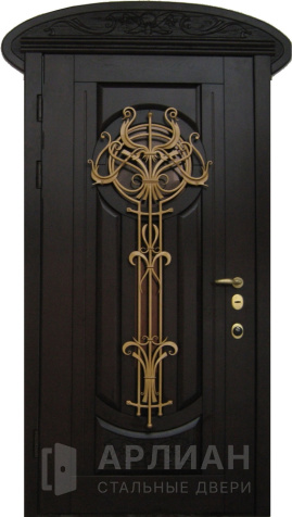 Фото «Черная дверь отделка мдф арочная с ковкой и стеклом №53»